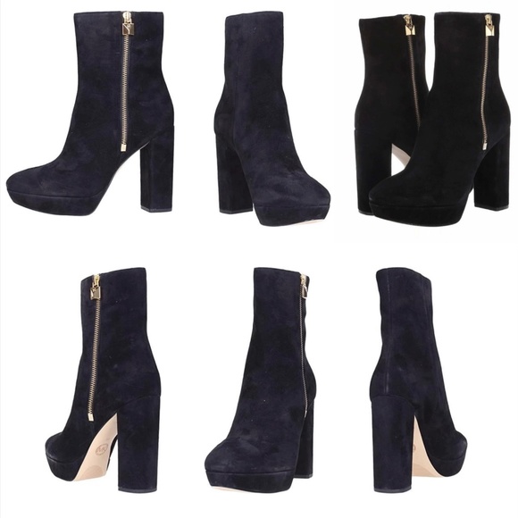 Michael Kors Frenchie Black Suede Stiletto Block Heel Platform Logo Ankle Bootie - Picture 2 of 9